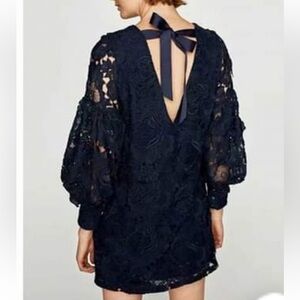 ZARA Guipure Floral Lace Lantern Sleeve Open Back Dress Blue Size Small